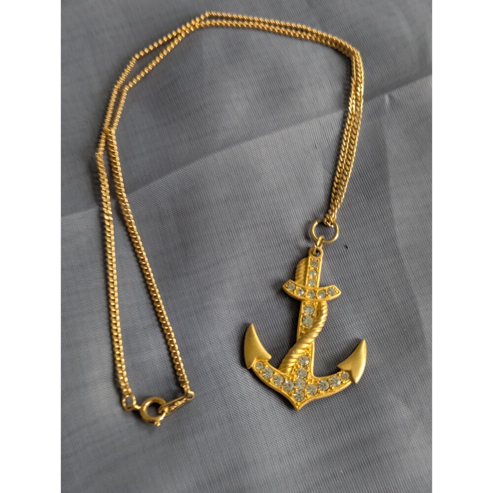 Vintage Avon Anchor Necklace – Gold Tone Rhinestone Nautical Pendant Retro State